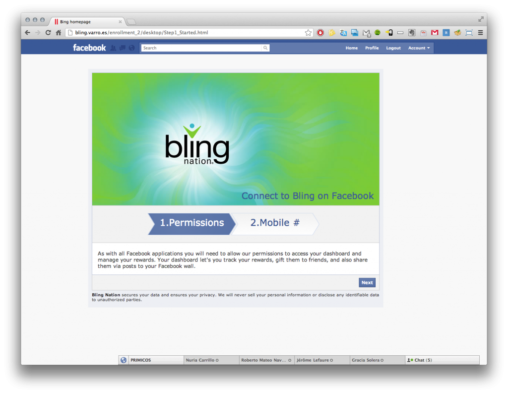 Programación y diseño de la página de captación en Facebook de Bling Nation, Inc.